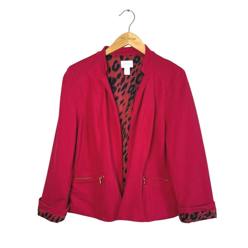 CHICO'S Size 2 US Large Red Blazer Lady Jacket Zipper Pockets Animal Print Lined